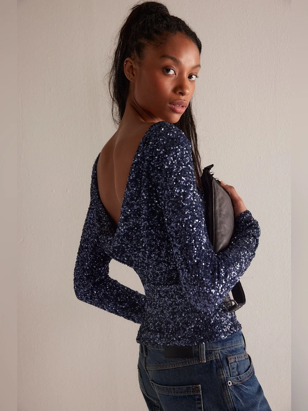 1518. FREE PEOPLE Leading the Way Long Sleeve in Vintage Indigo Sz L NWT $98